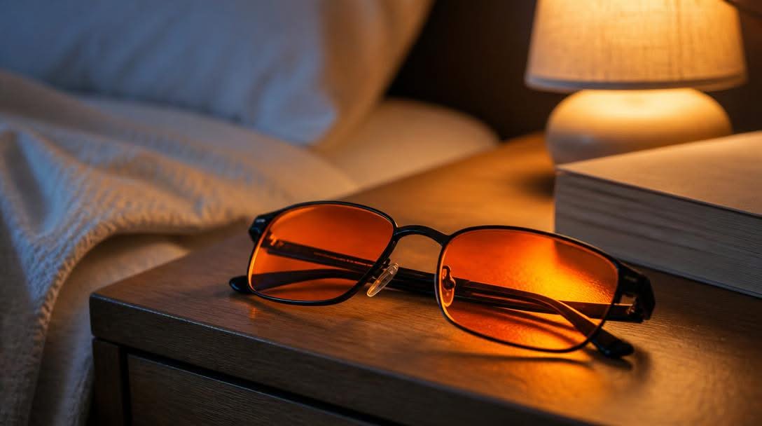 Amber-tinted blue-blocking glasses folded on a bedside nightstand next to a book and a warm lamp