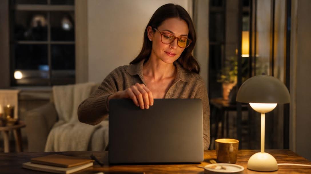Woman wearing amber blue light glasses for sleep closing her laptop at a home-office desk in the evening by a warm lamp