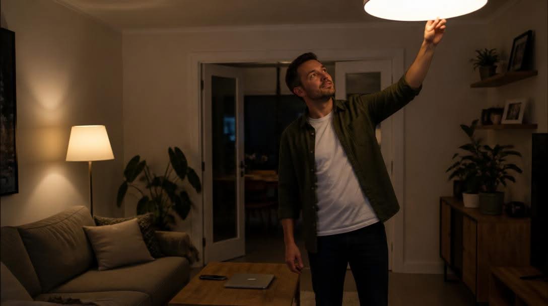 Man switching off a bright overhead light in the evening while a warm floor lamp stays on and his laptop sits closed
