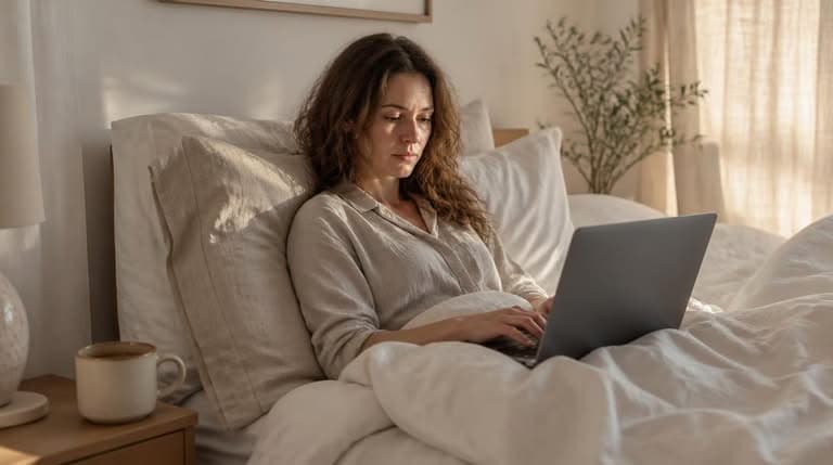 Woman working from bed on a laptop propped against pillows in soft morning light