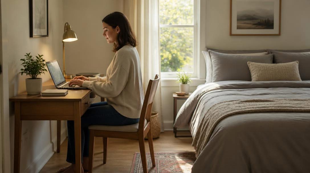 Woman working at a small desk in the corner of her bedroom instead of in bed