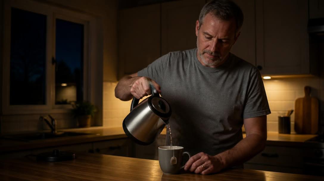 Man pouring hot water from a kettle into a mug with a tea bag in a dim kitchen in the evening