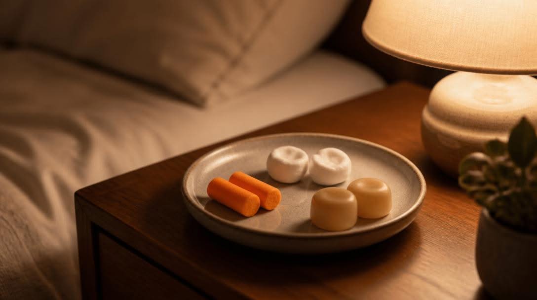 Foam, silicone and wax earplugs on a dish on a bedside table at night