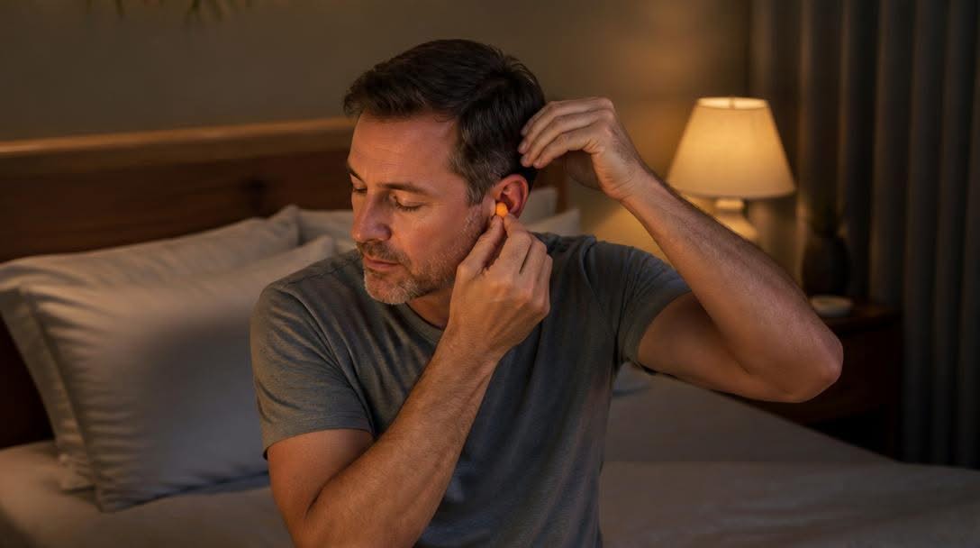 Man sitting on the edge of his bed inserting a foam earplug before sleep