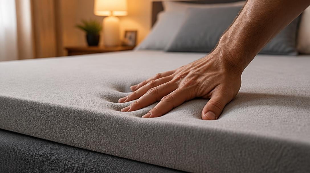 Hand pressing into a grey memory foam mattress topper, leaving a slow-recovering impression