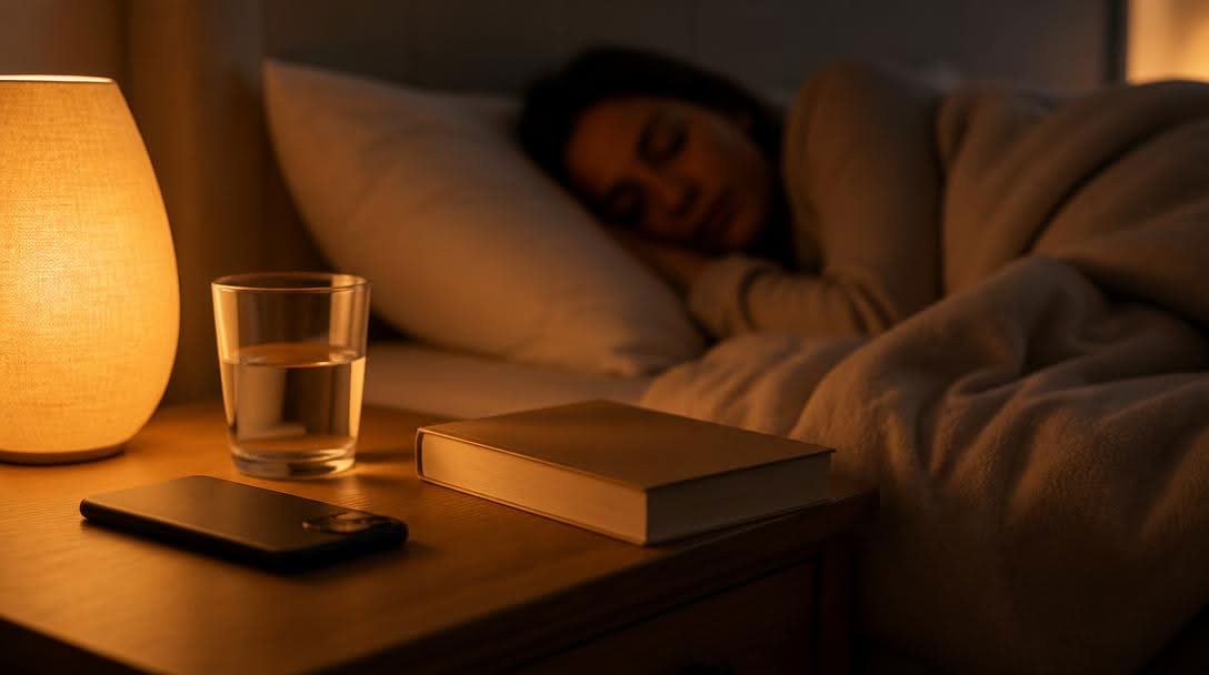 Bedside table with a warm lamp, a glass of water and a closed book while a woman sleeps in the background, a calm wind-down routine for better REM sleep