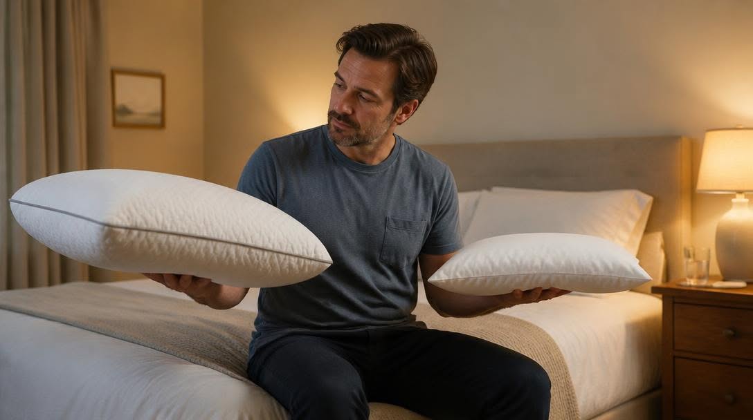 Man comparing a thick and a thin pillow on his bed to find the right loft for side sleeping